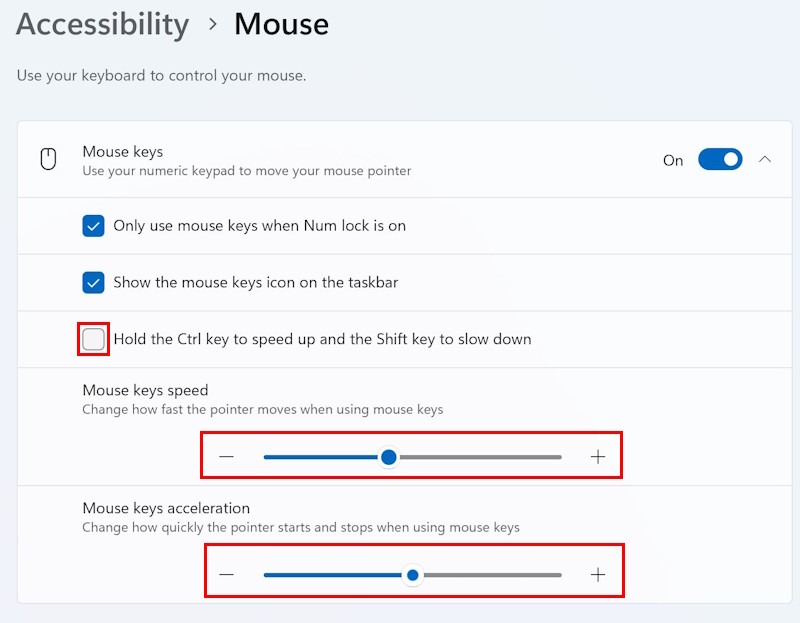 Adjust the Mouse keys speed and Mouse keys acceleration sliders until you're comfortable with the current settings